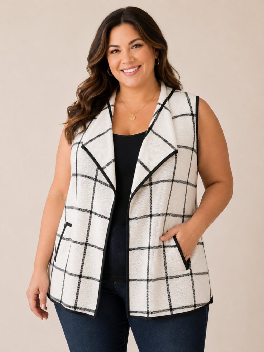 Yacun Womens XXL Cream Black Plaid Windowpane Open Front Waterfall Vest Pockets